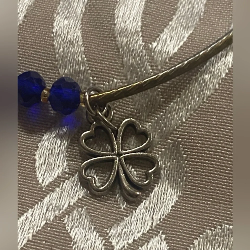 Blue Crystal Clover Charm Bead Stretch Bracelet #9137